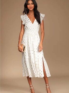 Lulu's White Maxi Dress with Gold Dot Print
